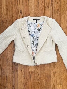 White House Black Market Ivory tweed jacket with Floral Lining